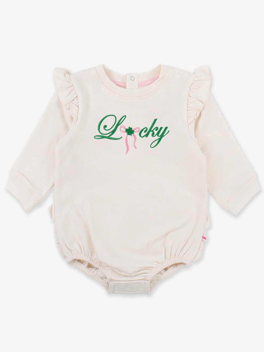 Line drawing of Lucky Bow Embroidered Ivory Sweatshirt Bubble Romper. A dotted circle indicates the approximate location for personalization.