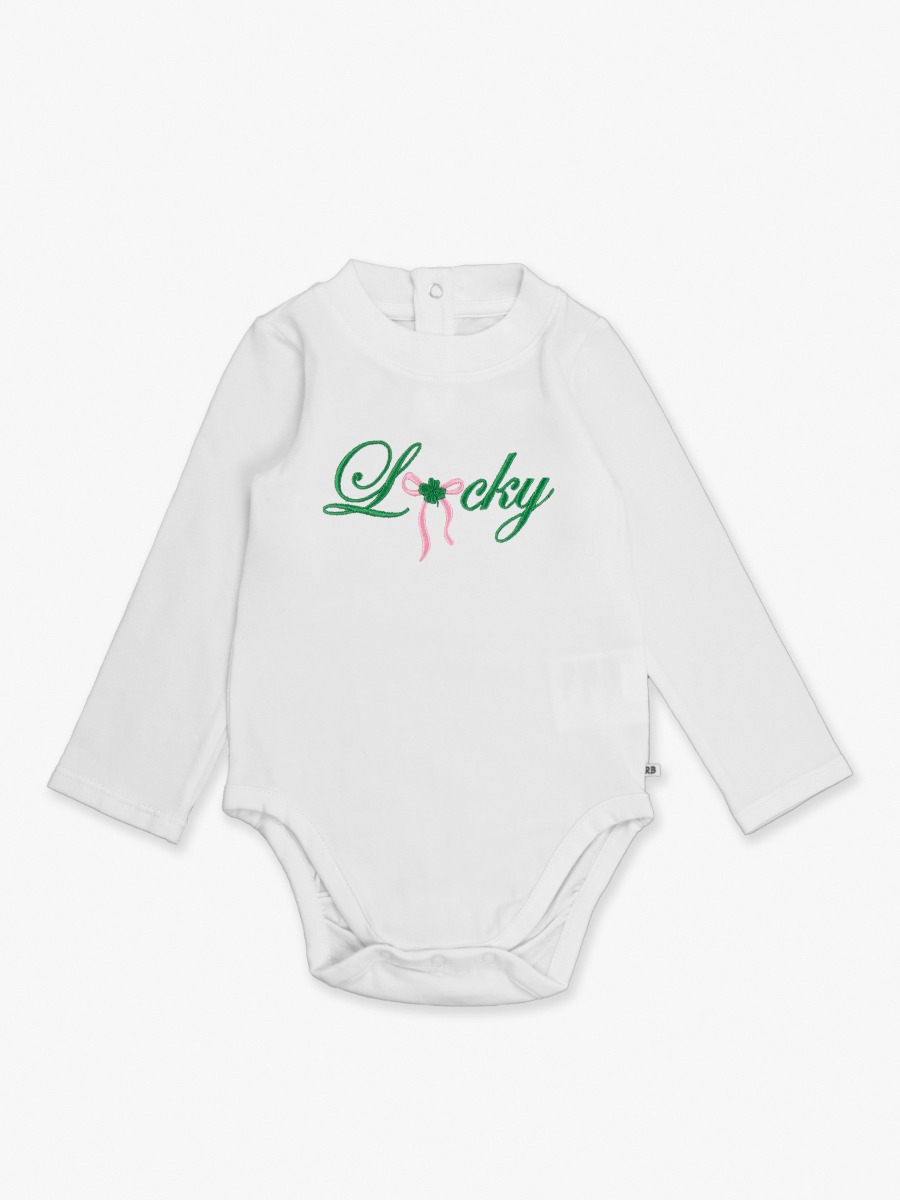 Line drawing of Lucky Bow Embroidered White Knit Long Sleeve Ruffle Layering Bodysuit. A dotted circle indicates the approximate location for personalization.