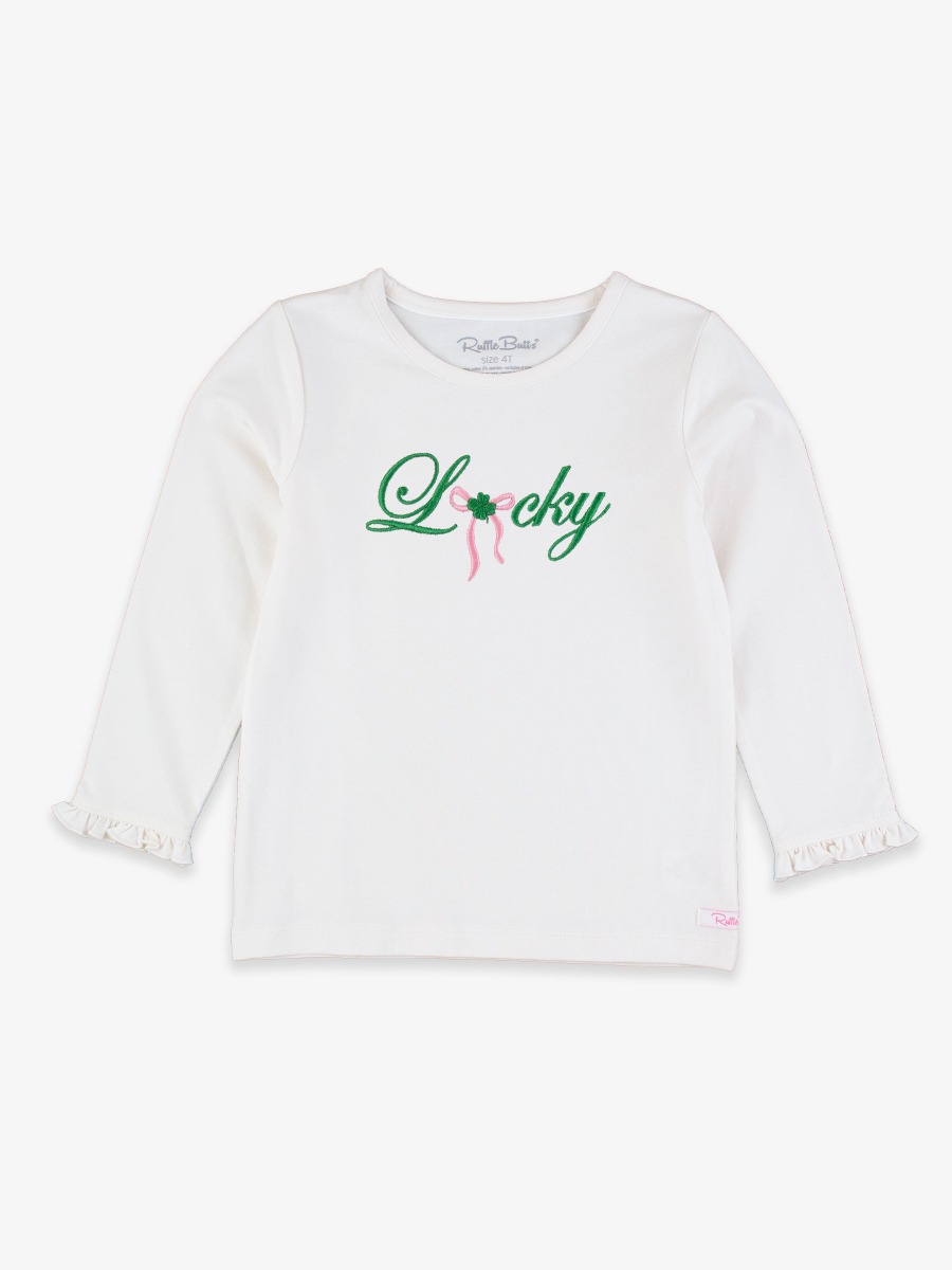 Line drawing of Lucky Bow Embroidered White Knit Long Sleeve Ruffle Layering Tee. A dotted circle indicates the approximate location for personalization.