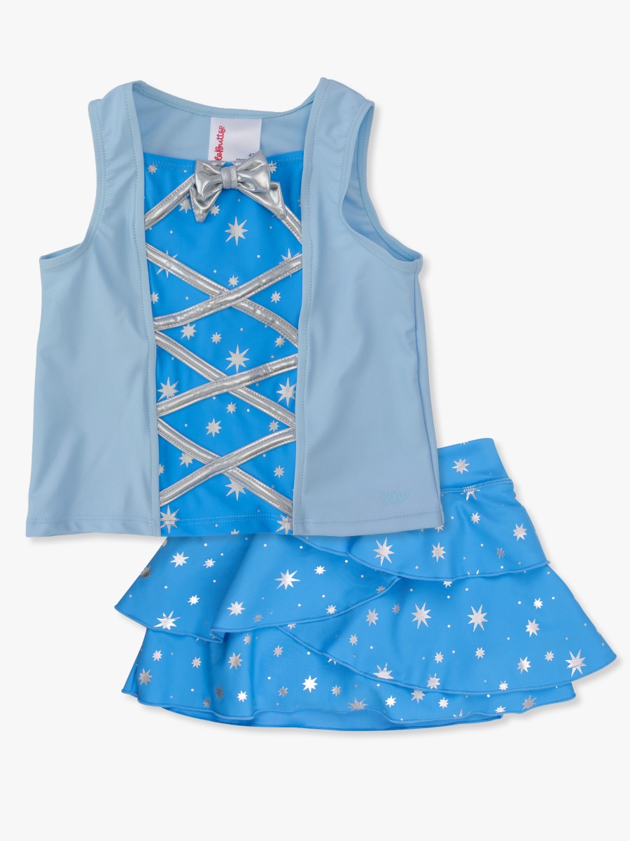 Line drawing of Crystal Blue Princess Active Dress-Up Tank + Active Tiered Skort. A dotted circle indicates the approximate location for personalization.