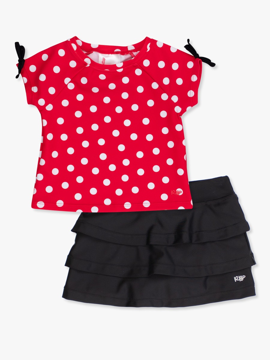Line drawing of Red Vintage Polka Dot Active Dress-Up Tank + Black Active Tiered Skort. A dotted circle indicates the approximate location for personalization.