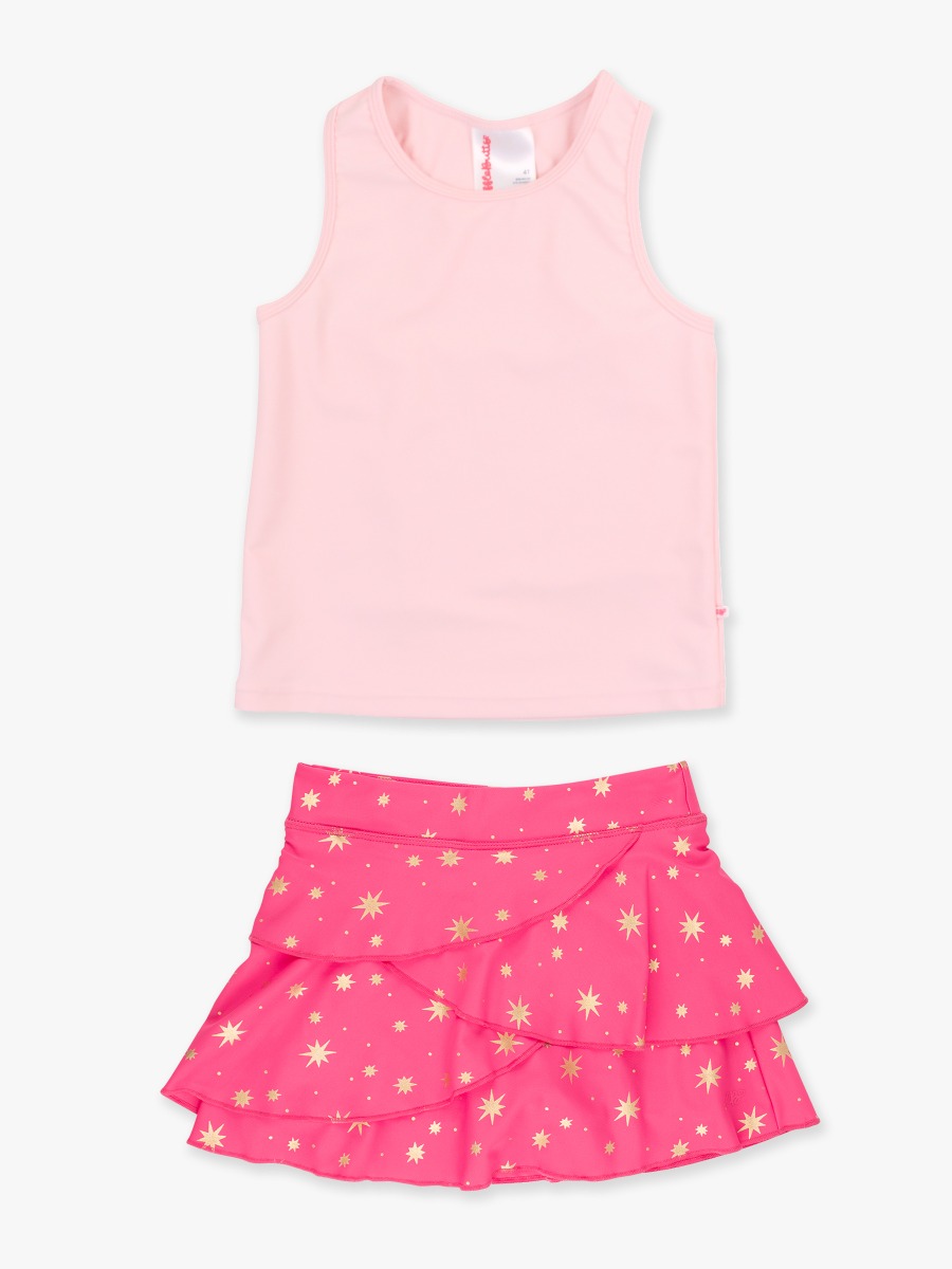 Line drawing of Pink Active Tank Top + Royal Pink Princess Active Princess Tiered Skort. A dotted circle indicates the approximate location for personalization.