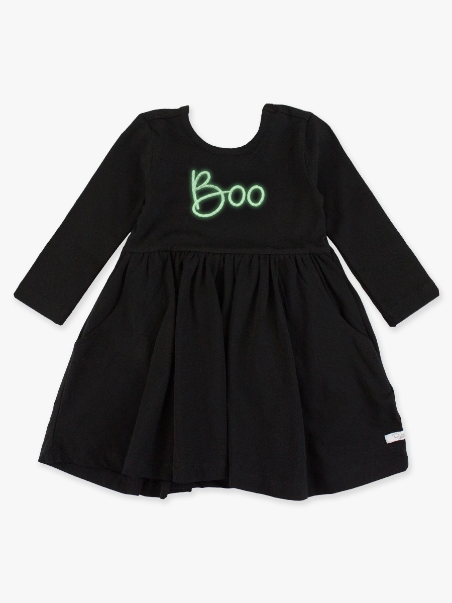 Line drawing of Glow in the Dark Boo Embroidered Black Knit Long Sleeve Twirl Dress. A dotted circle indicates the approximate location for personalization.