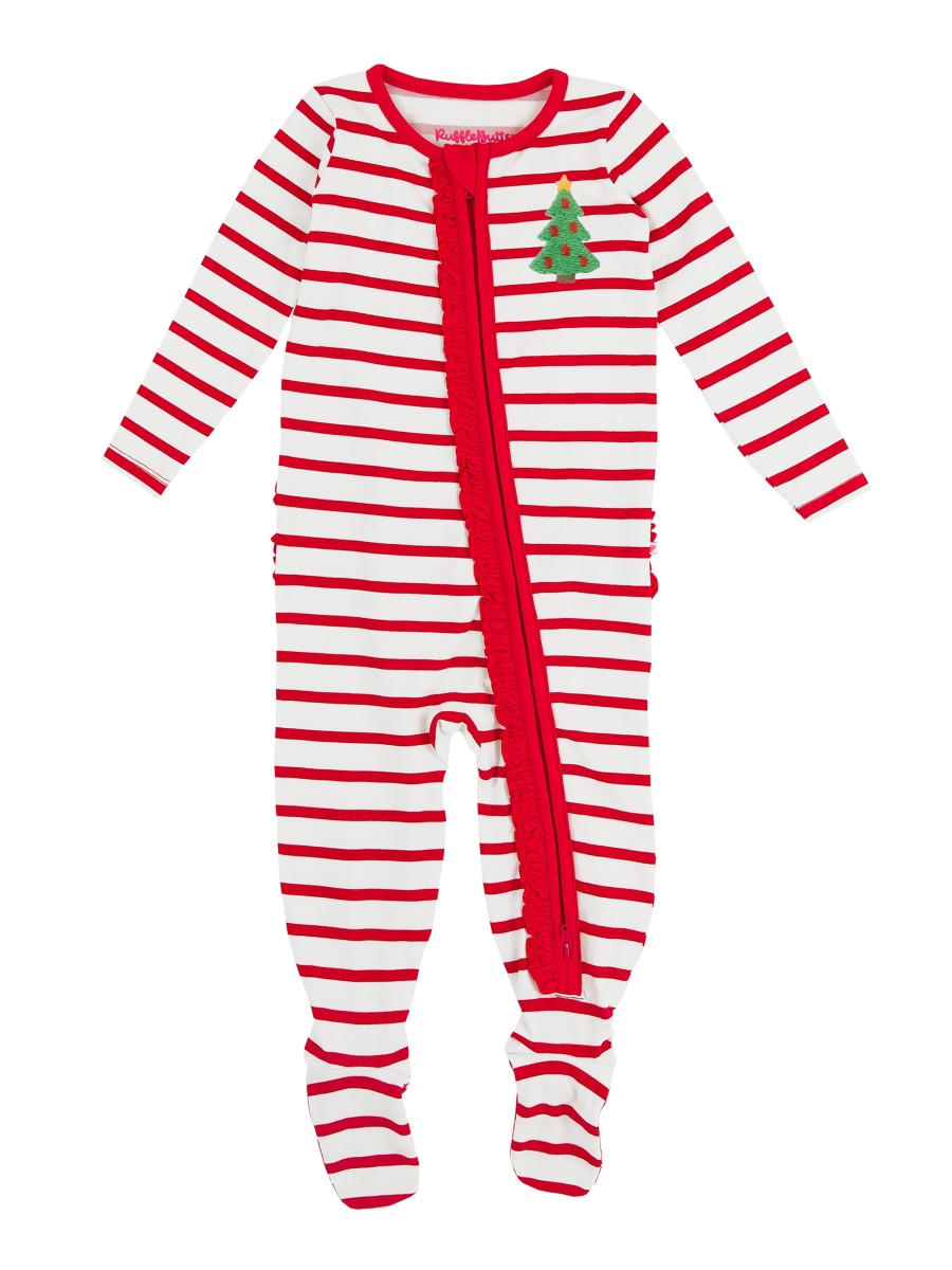 Line drawing of Christmas Tree Embroidered Red & White Stripe Ruffle One Piece Footie Pajamas, Modal Blend. A dotted circle indicates the approximate location for personalization.