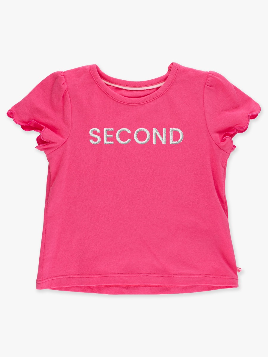 Line drawing of White Second Embroidered Hot Pink Short Sleeve Scallop Tee. A dotted circle indicates the approximate location for personalization.