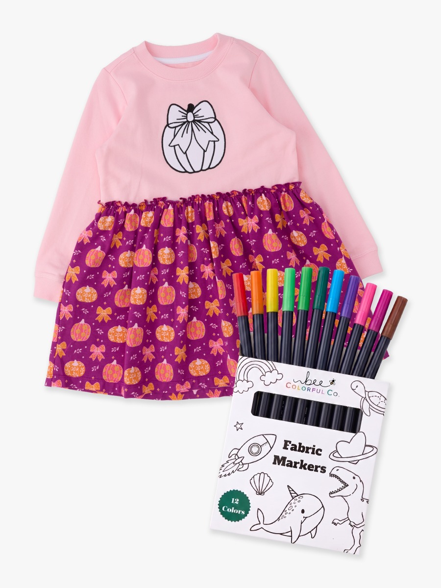 Line drawing of Pumpkin Bow Patch Pink Colorable Applique Long Sleeve Mixed Media Dress. A dotted circle indicates the approximate location for personalization.