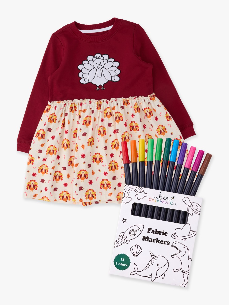 Line drawing of Gobble Gobble Dark Cherry Colorable Applique Long Sleeve Mixed Media Dress. A dotted circle indicates the approximate location for personalization.
