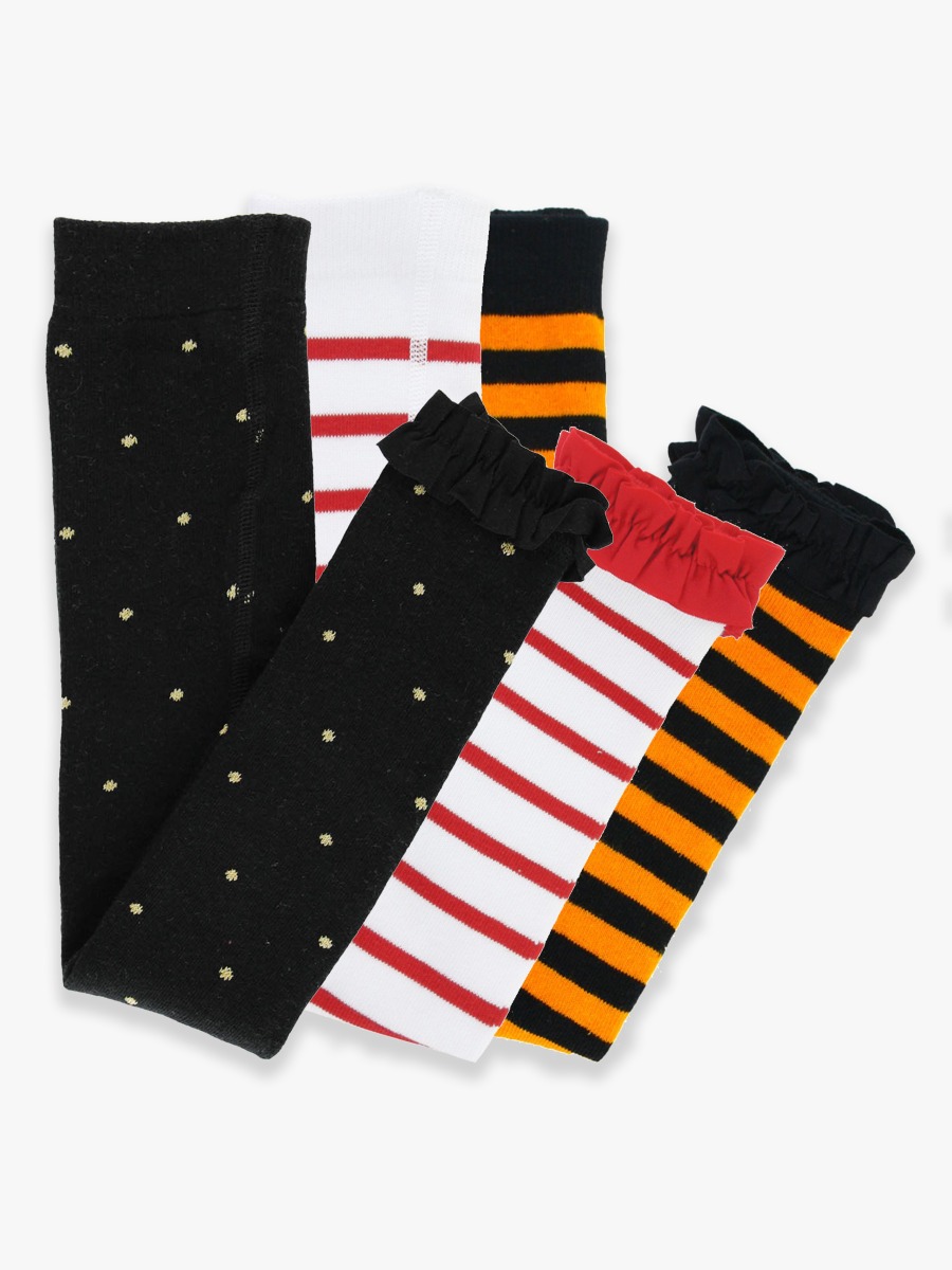 3-Pack Orange Stripe, Gold Polka, Red Stripe Footless Ruffle Tights