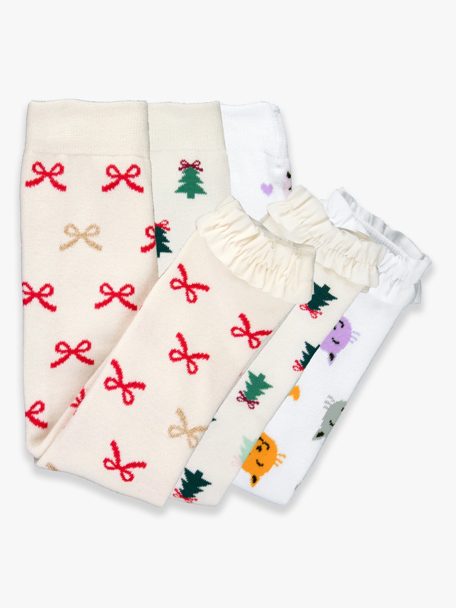 3-Pack Spruced Up, Red Bow, Purr-fect Pals Footless Ruffle Tights