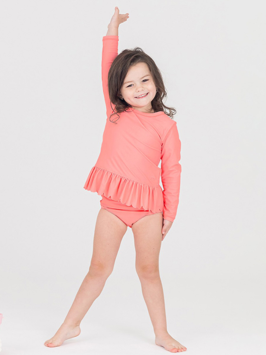 Bubblegum Scalloped Hem Long Sleeve Rash Guard Bikini