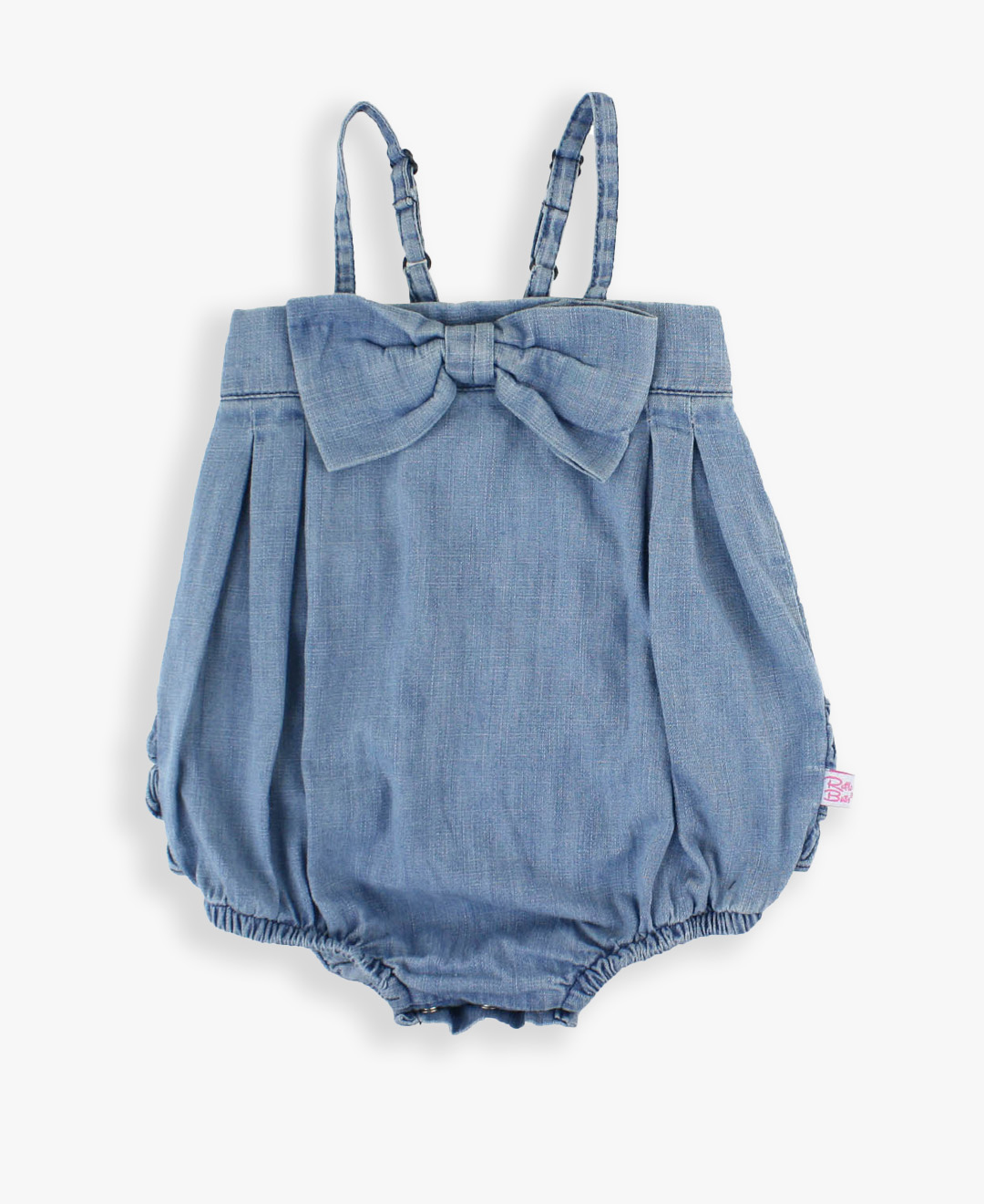 Light Wash Denim Bow Front Bubble Woven Romper
