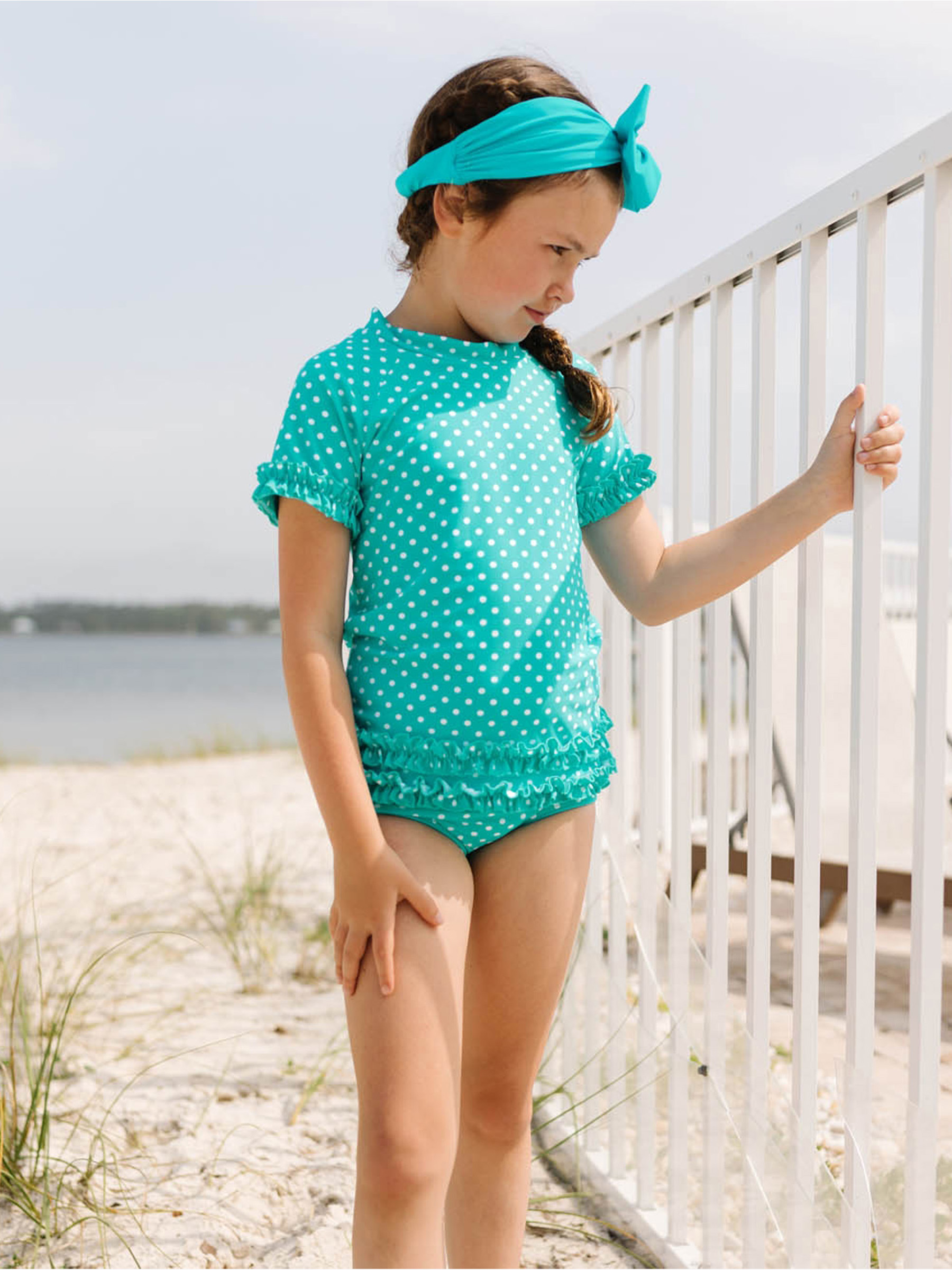 RuffleButts.com - Aqua Polka Dot Ruffled Rash Guard
