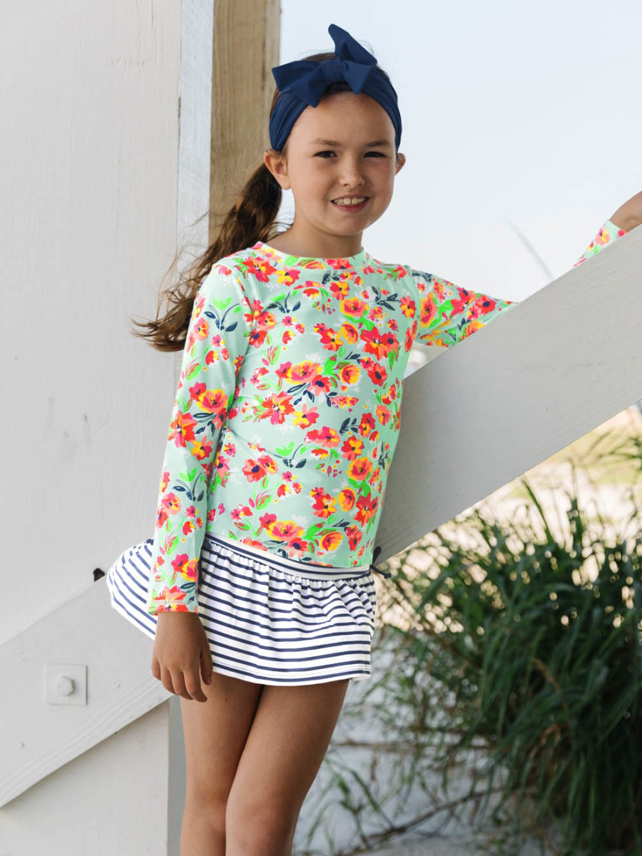 Painted Flowers Long Sleeve Rash Guard Skirted Bikini