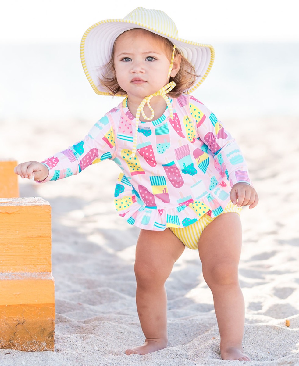 Ice Cream Social Long Sleeve Ruffle Hem Rash Guard Bikini