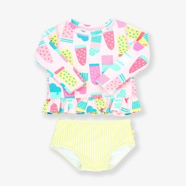 Long Sleeve Ruffle Hem Rash Guard Bikini Swimsuit