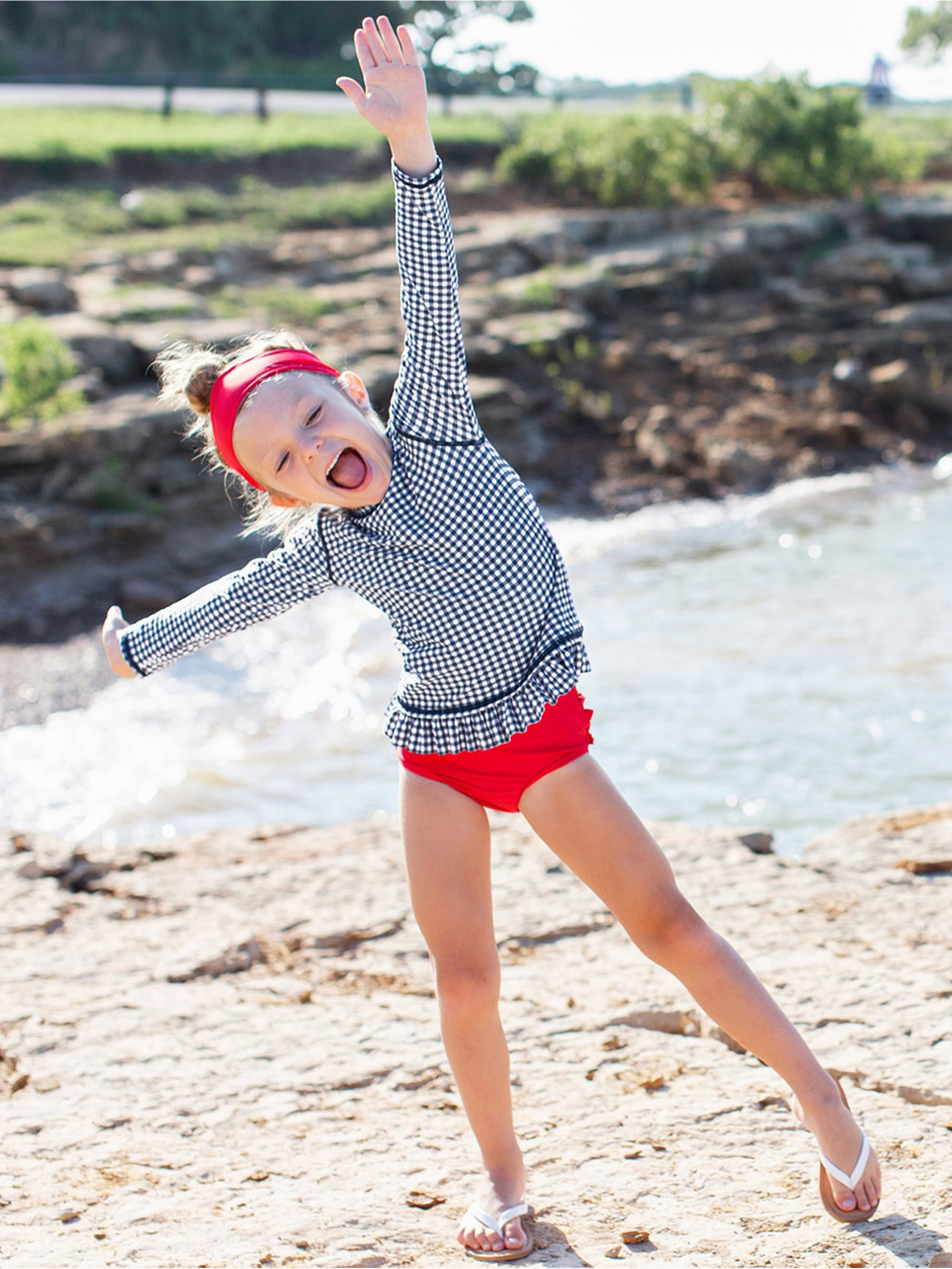 Navy Gingham Long Sleeve Rash Guard 2-Piece 12-18m