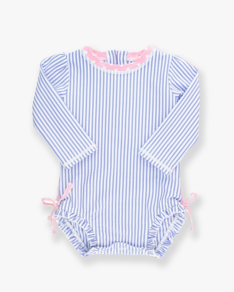 Periwinkle Blue Seersucker Long Sleeve Rash Guard One Piece