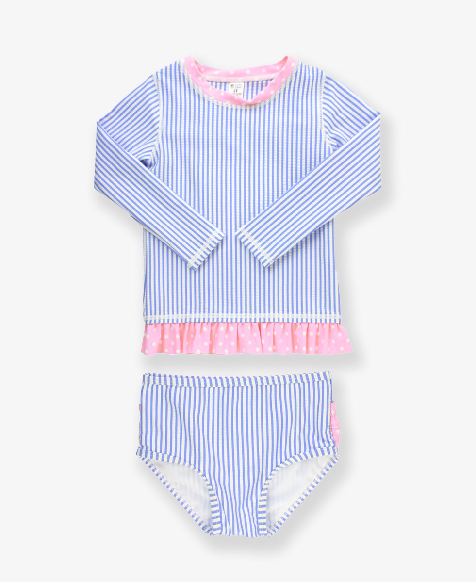 Periwinkle Blue Seersucker Long Sleeve Rash Guard Bikini - 3-6m