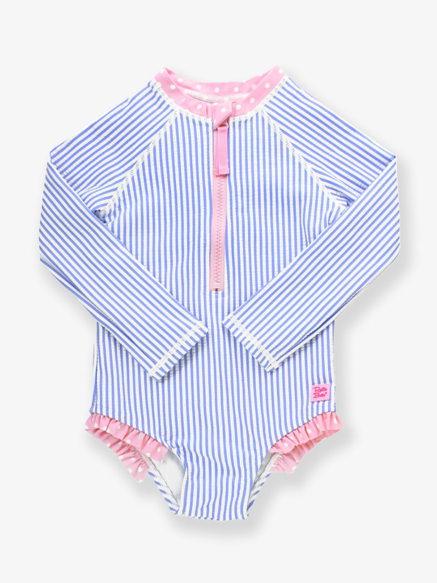 Periwinkle Blue Seersucker Long Sleeve One Piece Rash Guard -  RuffleButts.com