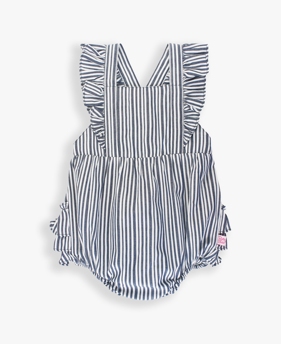 Navy Micro Stripe Woven Pinafore Cross-Back Romper