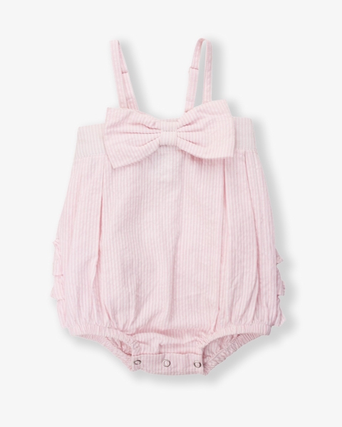 Pink Seersucker Bow Front Bubble Woven Romper