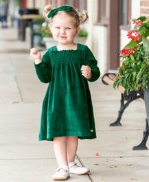 Evergreen Velour Smocked Dress