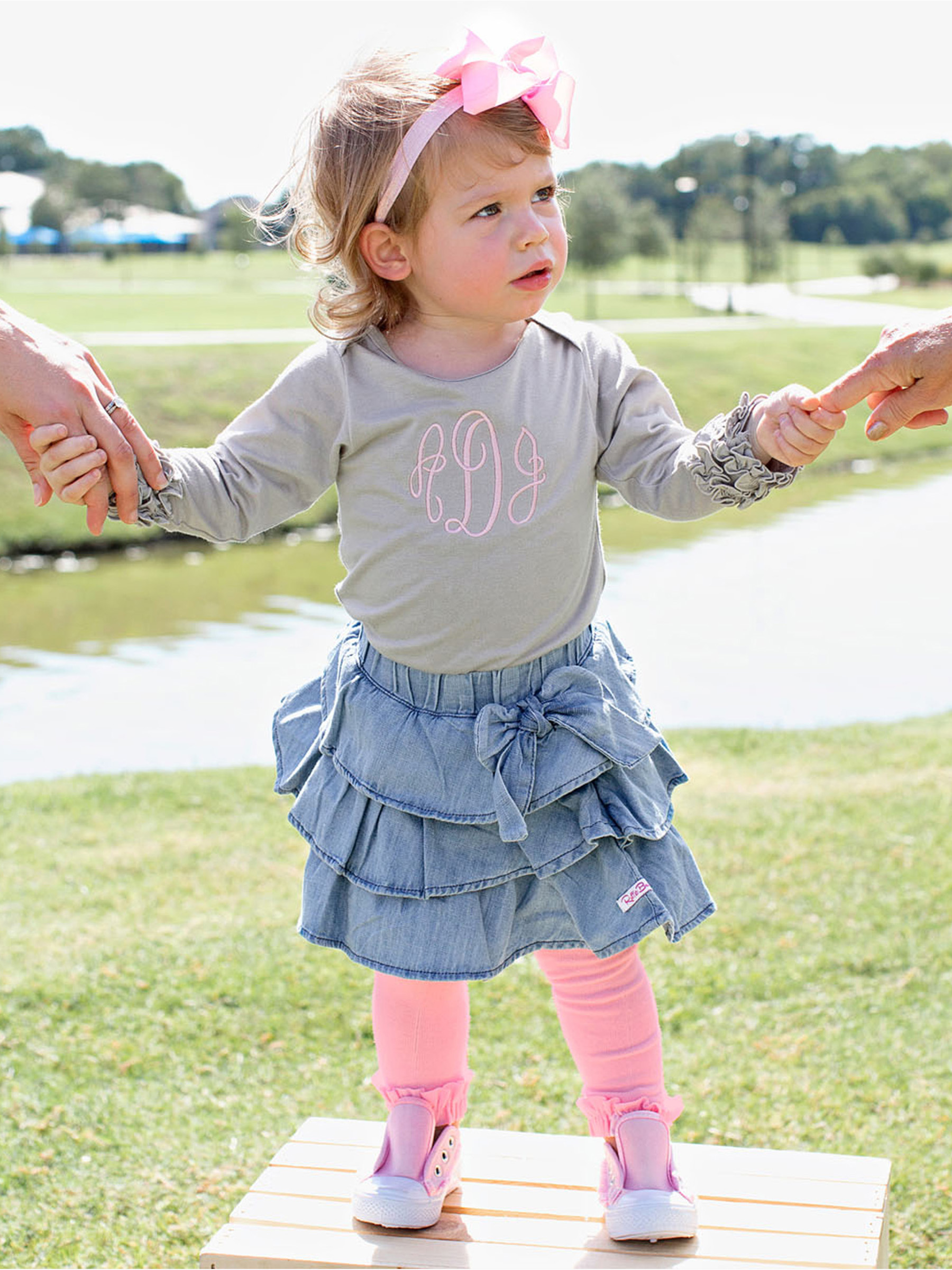 Ruffled Light Wash Denim Bow Skirt - RuffleButts.com
