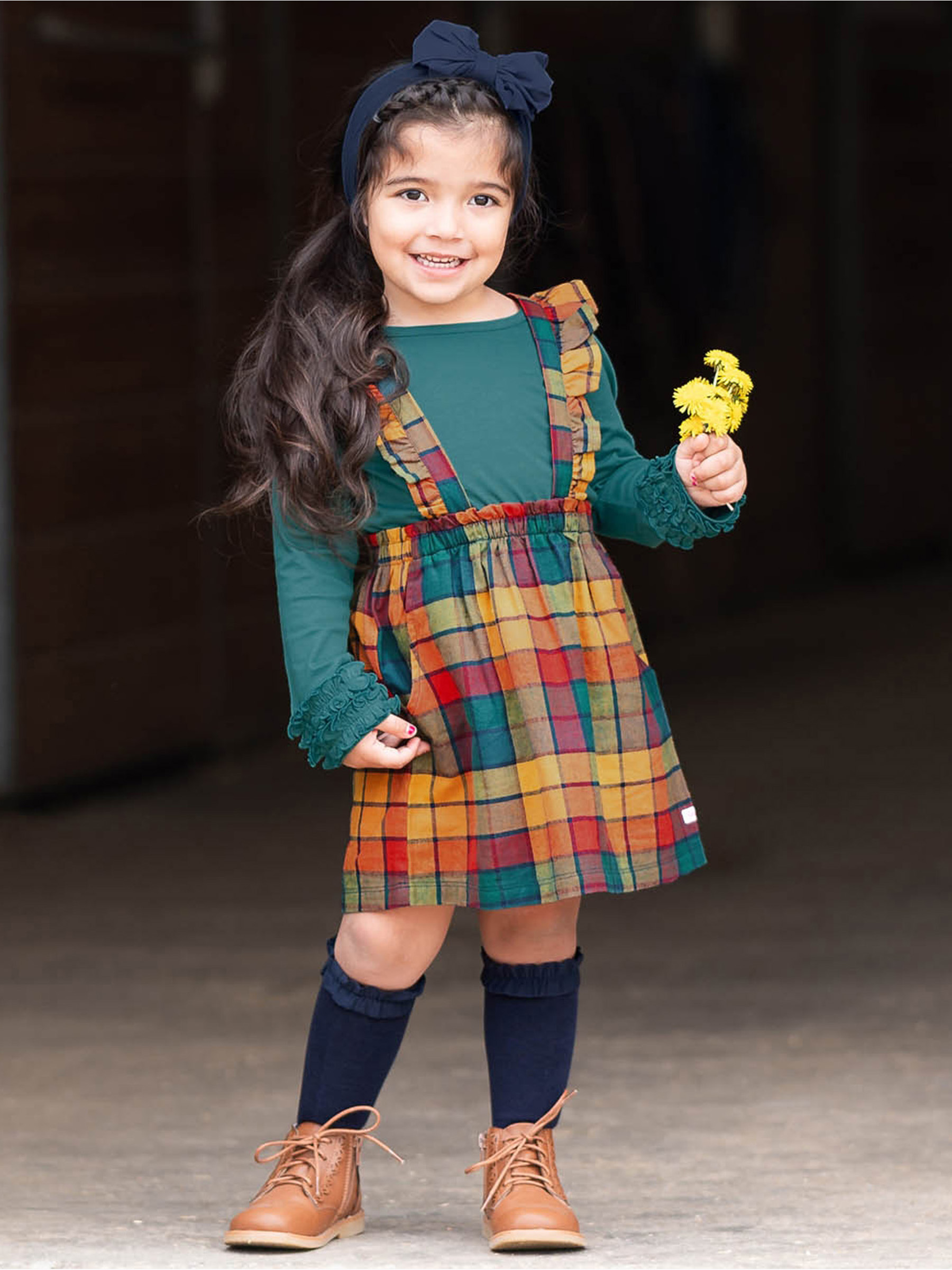 Autumn Rainbow Plaid Ruffle Strap Skirt