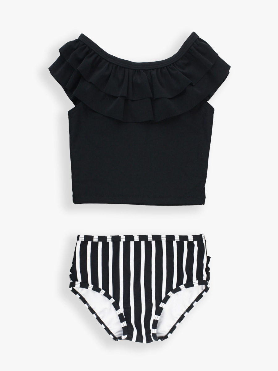 Black & White Stripe Ruffled Tankini