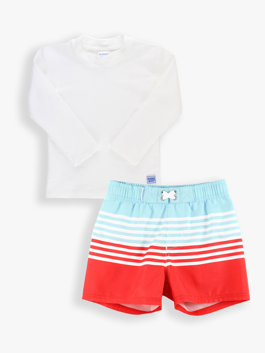 White Long Sleeve Rash Guard & From Sea To Shining Sea Swim Trunks Set