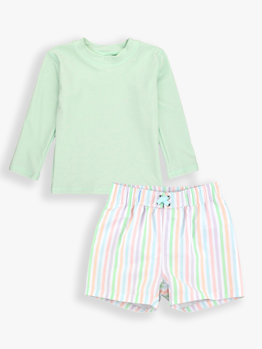 Frost Green Long Sleeve Rash Guard & Pale Rainbow Stripe Swim Trunks Set