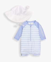 Periwinkle Blue & Windsurfer Stripe Long Sleeve One Piece & White Sun Protective Hat Set