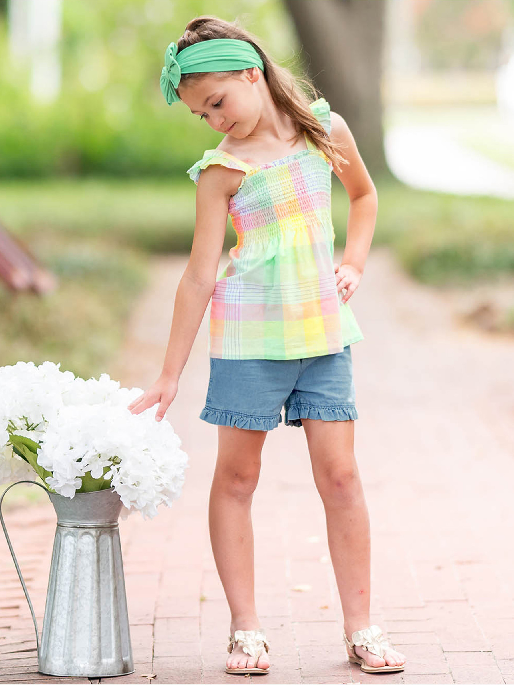 Cheerful Rainbow Plaid Smocked Tank Top