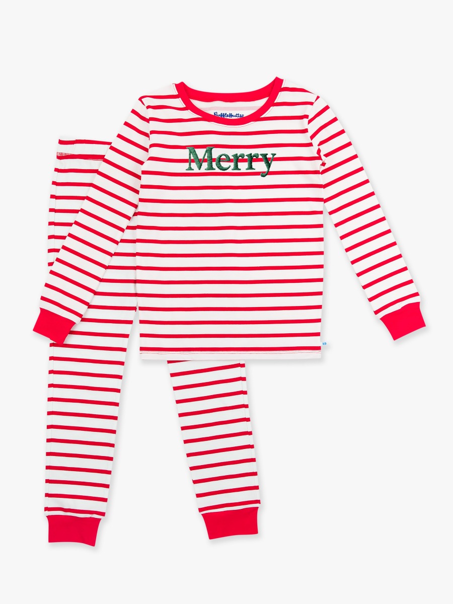 Line drawing of Pine Merry Embroidered Red & White Stripe Long Sleeve Pajama Set, Modal Blend. A dotted circle indicates the approximate location for personalization.