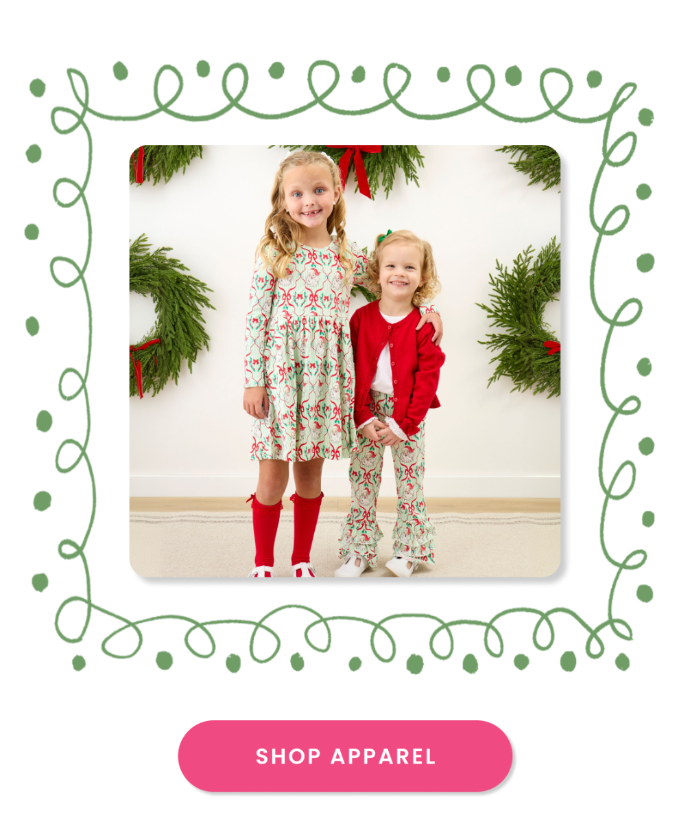 "Banner showing coordinated holiday apparel with Santa-print dress, cardigan, and patterned pants, framed by wreath decorations. Includes a pink &lsquo;Shop Apparel&rsquo; button."