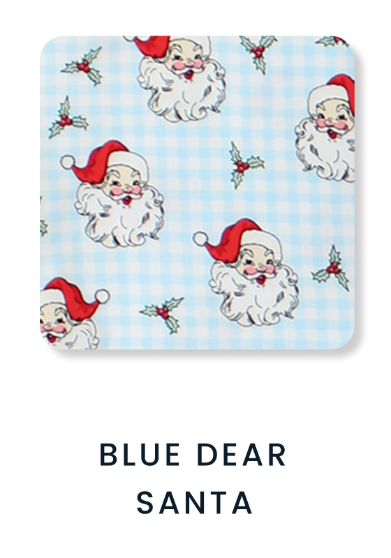 "Light blue gingham pattern featuring Santa faces and holly sprigs in a repeating holiday design. Text below reads &lsquo;Blue Dear Santa.&rsquo;"