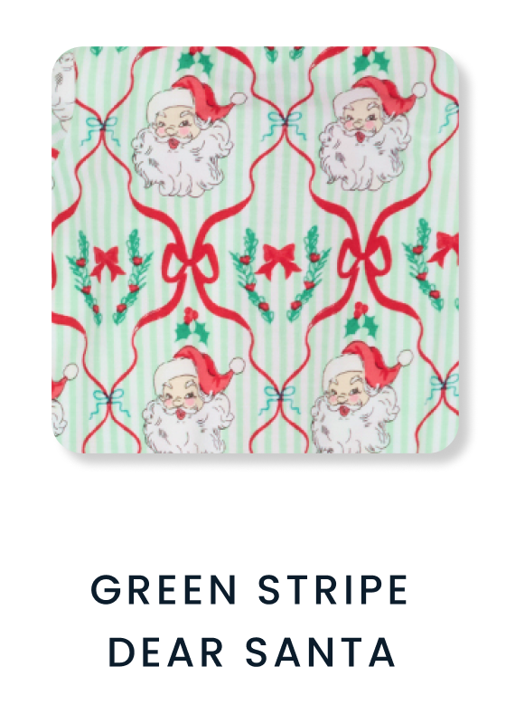 "Mint green striped pattern featuring Santa faces, red ribbon bows, and holly accents in a repeating holiday design. Text below reads &lsquo;Green Stripe Dear Santa.&rsquo;"