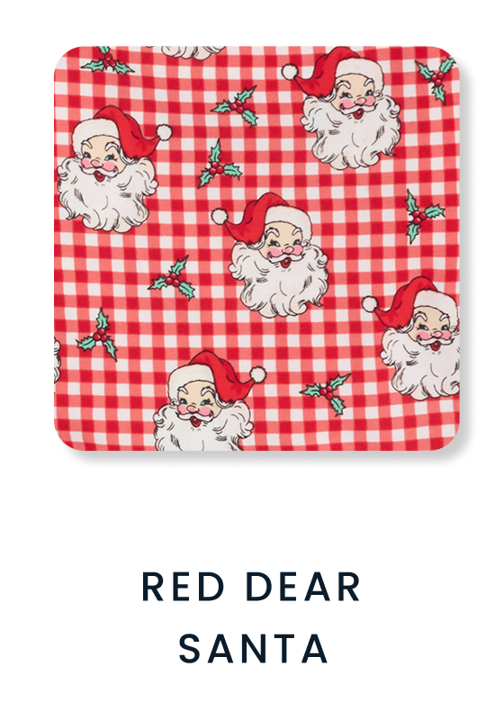 "Red gingham pattern featuring Santa faces and holly sprigs in a repeating holiday design. Text below reads &lsquo;Red Dear Santa.&rsquo;"