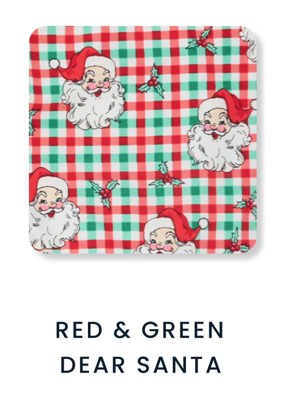 "Red and green gingham pattern featuring Santa faces and holly sprigs in a repeating holiday design. Text below reads &lsquo;Red & Green Dear Santa.&rsquo;"