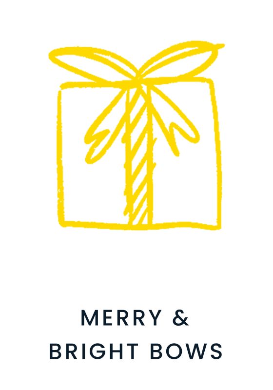 "Holiday gift icon outlined in yellow with ribbon detail. Text below reads &lsquo;Merry & Bright Bows&rsquo;"