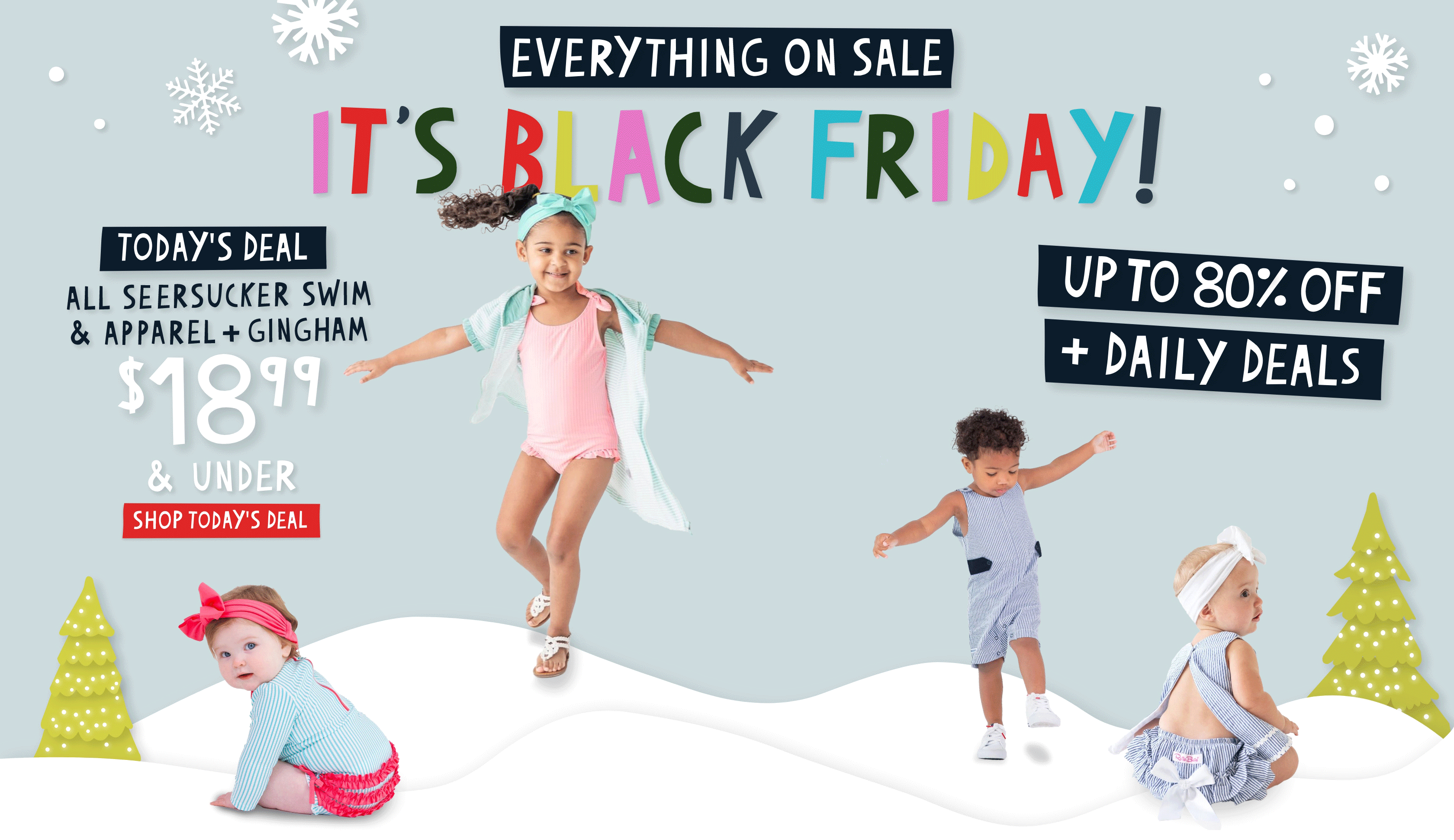 Festive winter banner with snowflakes, trees, and snow-covered hills. Bold colorful text reads &lsquo;Everything on sale &mdash; It&rsquo;s Black Friday!&rsquo; with a red label below stating &lsquo;Up to 80% off.