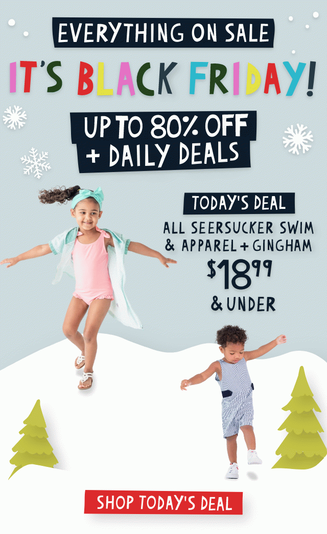 Festive winter banner with snowflakes, trees, and snow-covered hills. Bold colorful text reads &lsquo;Everything on sale &mdash; It&rsquo;s Black Friday!&rsquo; with a red label below stating &lsquo;Up to 80% off.