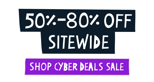 Cyber Deals graphic with bold white text on black and purple banners. Top text reads '50%-80% off sitewide.' Below, a purple banner says 'Shop Cyber Deals Sale.' Links to Cyber Deals sale page.