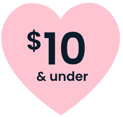 Pink heart with dark text that reads "$10 & under"
