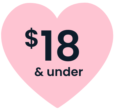 Pink heart with dark text that reads "$18 & underl"