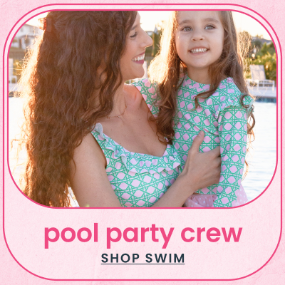 "Banner showing matching green geometric swimwear in adult and child sizes near a pool. Text reads &lsquo;pool party crew&rsquo; with a link labeled &lsquo;Shop Swim.&rsquo;"