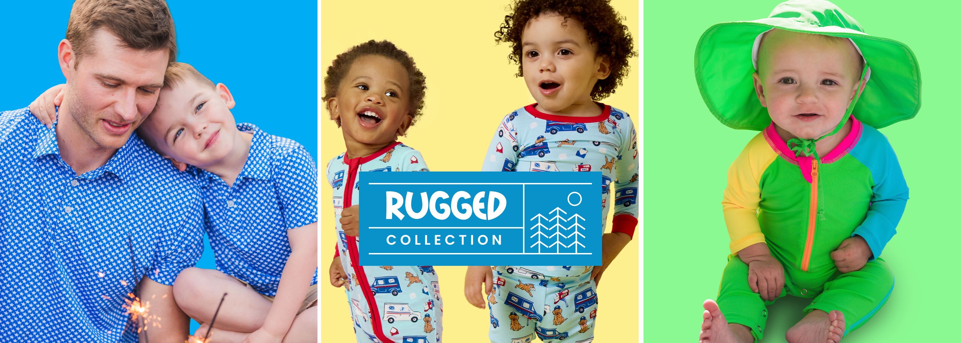 "Banner featuring Rugged Collection styles with coordinating printed pajamas and a bright green zip‑front swim romper with sun hat. Center text reads ‘Rugged Collection,’ showcasing apparel, pajamas, and swim."