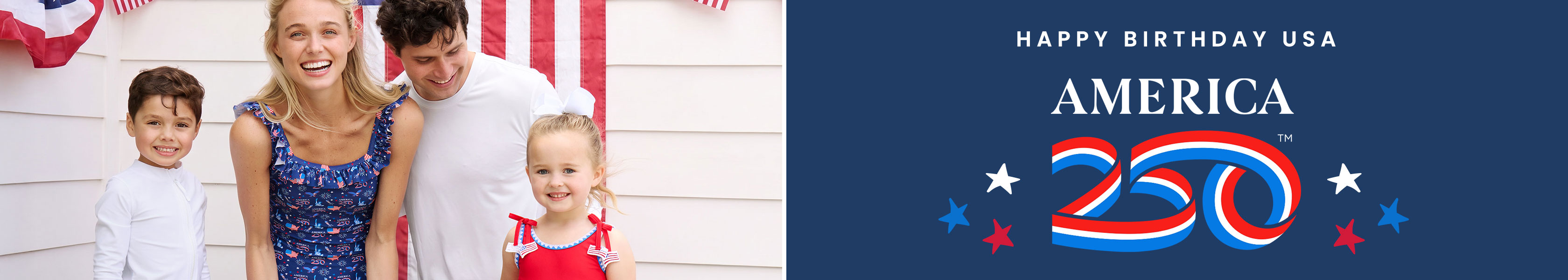 Blue banner with family in patriotic swimwear, text reads "Happy Birthday USA - America250"