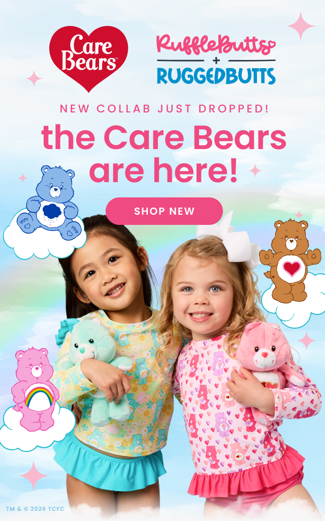 "Banner featuring Care Bears collaboration with RuffleButts and RuggedButts. Two children hold plush bears, with cartoon Care Bears on clouds. Text reads ‘Shop New’."