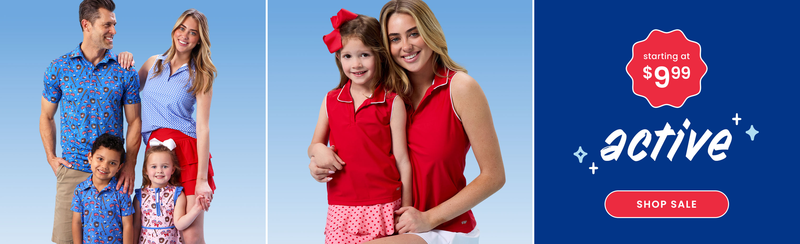 "Banner showing coordinated red active polos with white piping. Text reads &lsquo;starting at $9.99,&rsquo; &lsquo;active,&rsquo; with a &lsquo;Shop Sale&rsquo; button on a blue background."